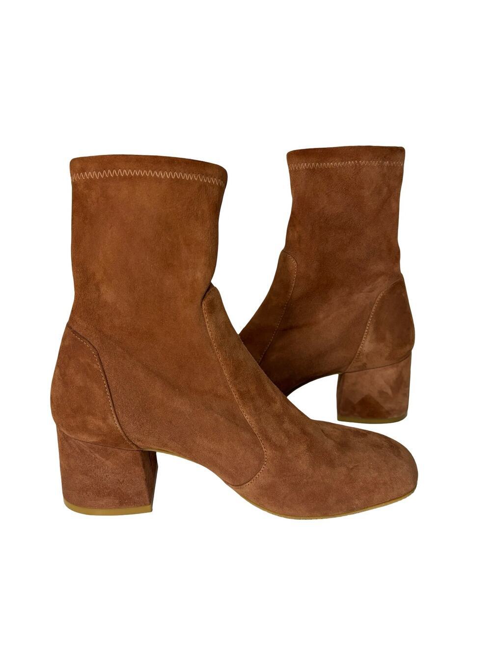 Stuart Weitzman Sleek 60 Cappuccino Suede Sock Booties Block Heel Size 6.5